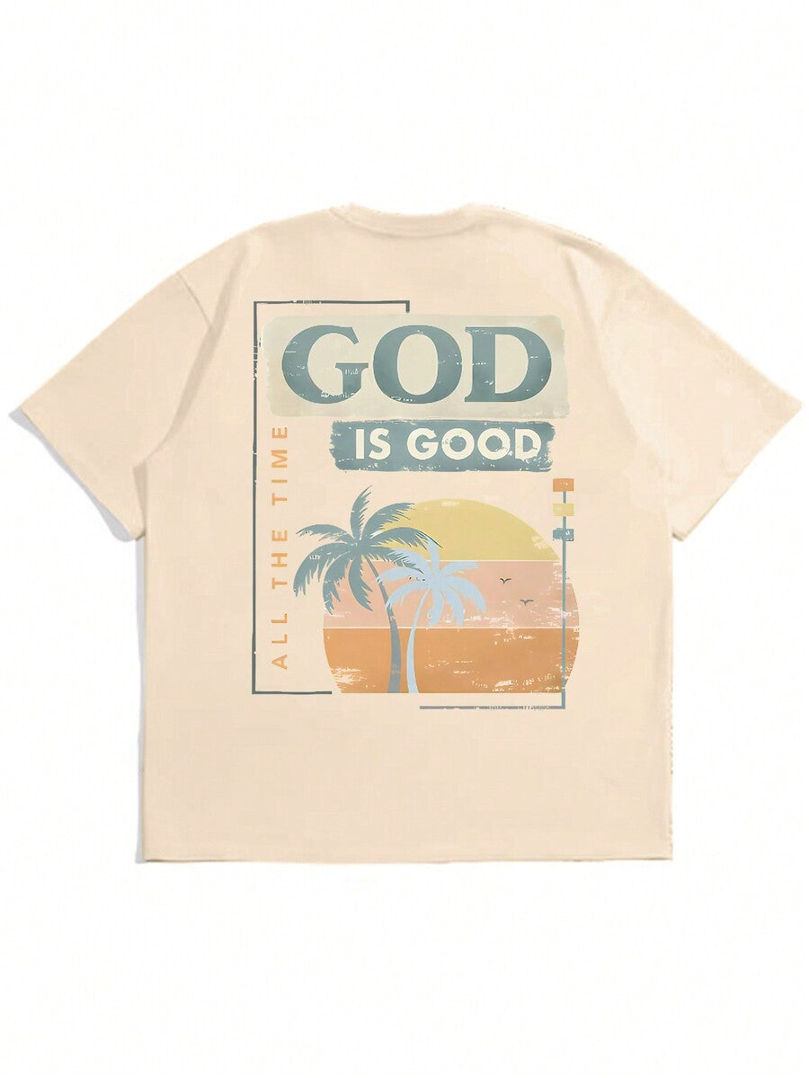 Men's Slogan Palm Tree Print Round Neck Casual Short Sleeve T Shirt Comfortable Summer Vacation Cotton Graphic Tee Fashion Top
