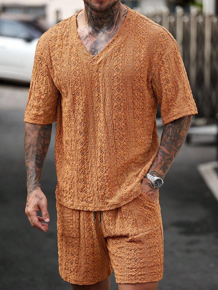 Men's Knitted Textured V Neck White T Shirt And Shorts Two Piece Set Summer Outfit Crochet Pattern Casual Comfortable Daily Clothing