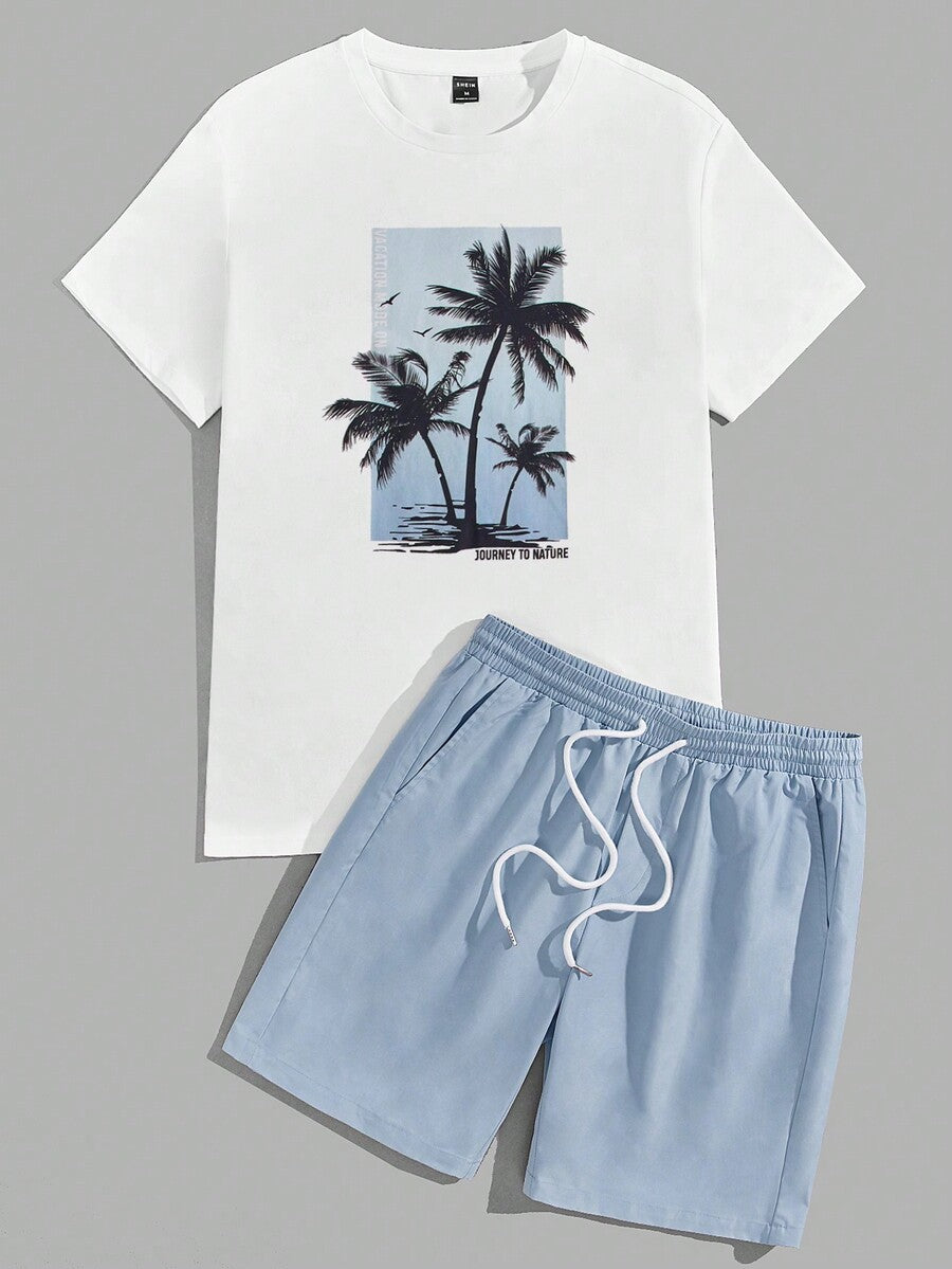 Men's Tropical Print Short Sleeve T Shirt And Drawstring Shorts Two Piece Casual Summer Outfit Lightweight Vacation Beachwear Set