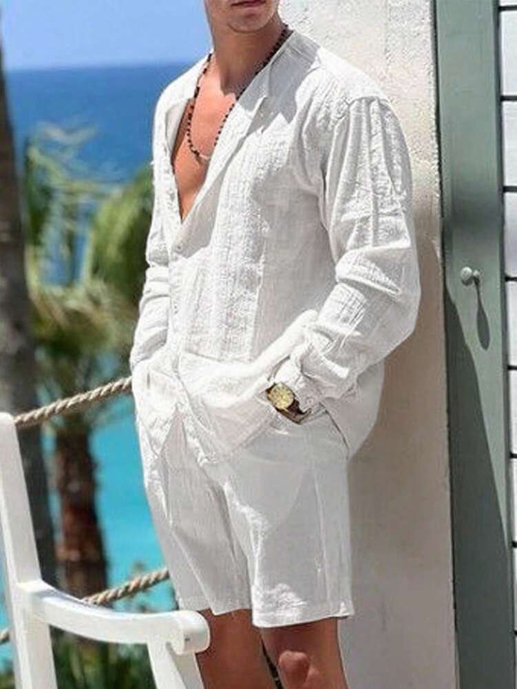 Men's Solid Color Single Breasted Shirt And Shorts With Pockets Two Piece Casual Outfit Summer Vacation Daily Wear Clothing For Men