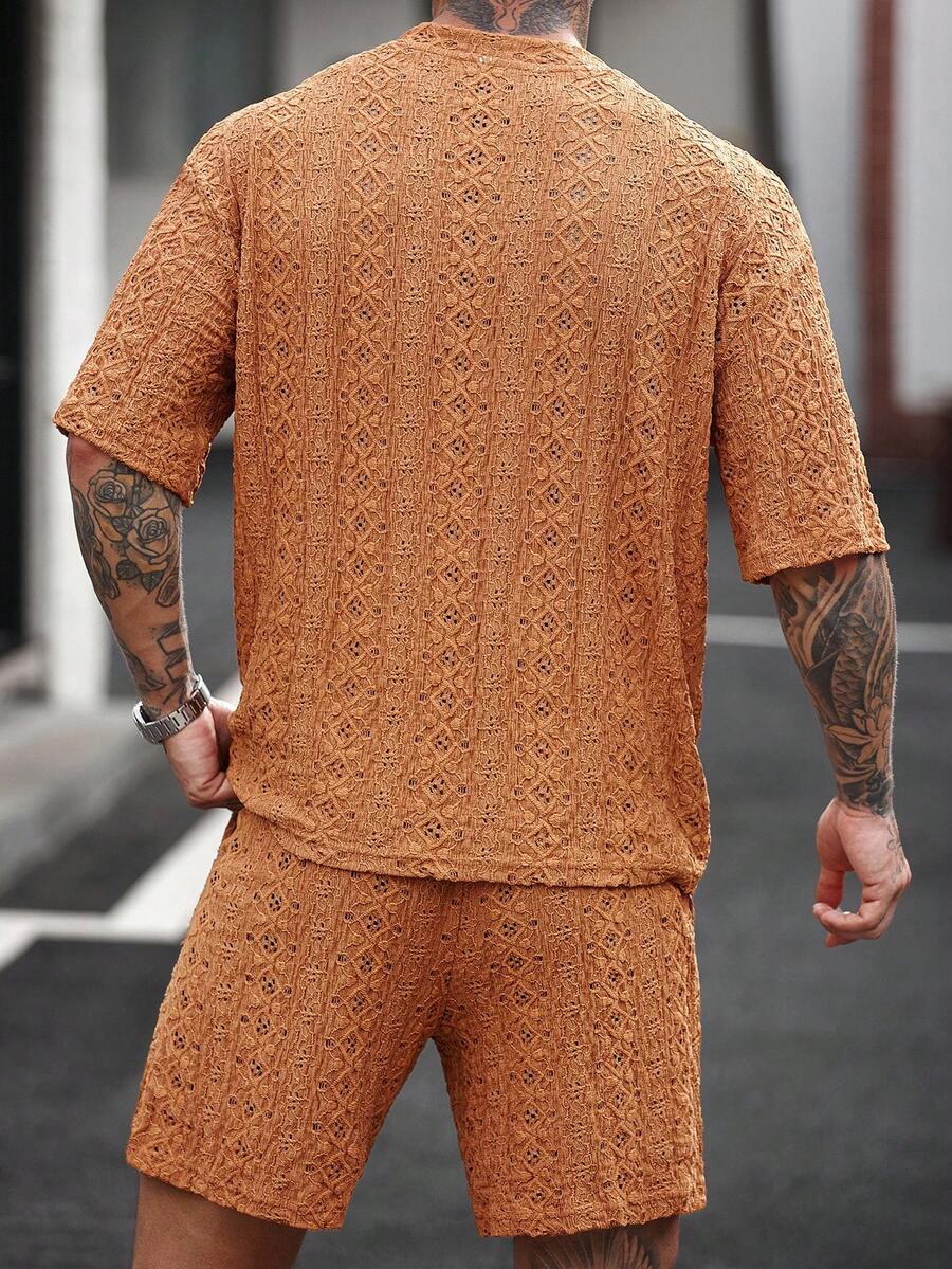 Men's Knitted Textured V Neck White T Shirt And Shorts Two Piece Set Summer Outfit Crochet Pattern Casual Comfortable Daily Clothing