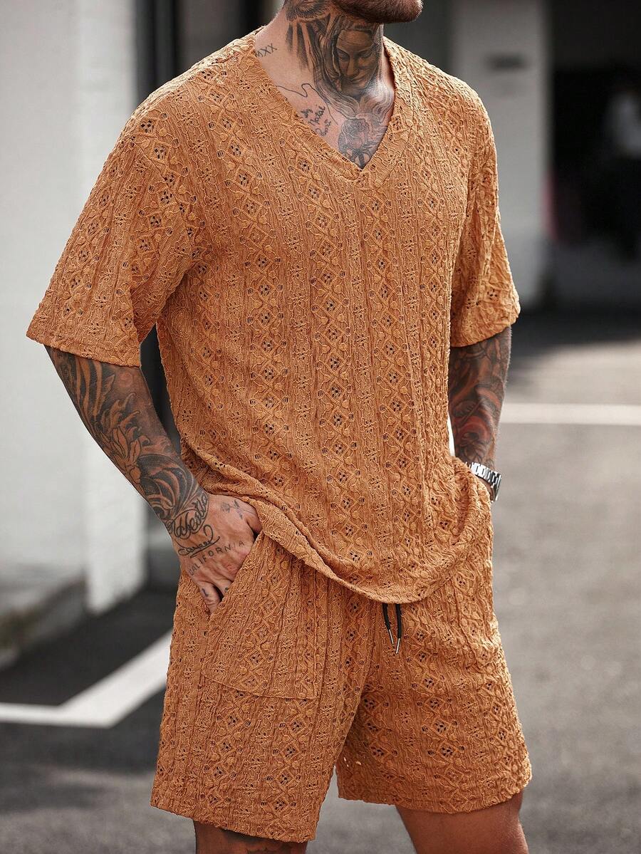 Men's Knitted Textured V Neck White T Shirt And Shorts Two Piece Set Summer Outfit Crochet Pattern Casual Comfortable Daily Clothing