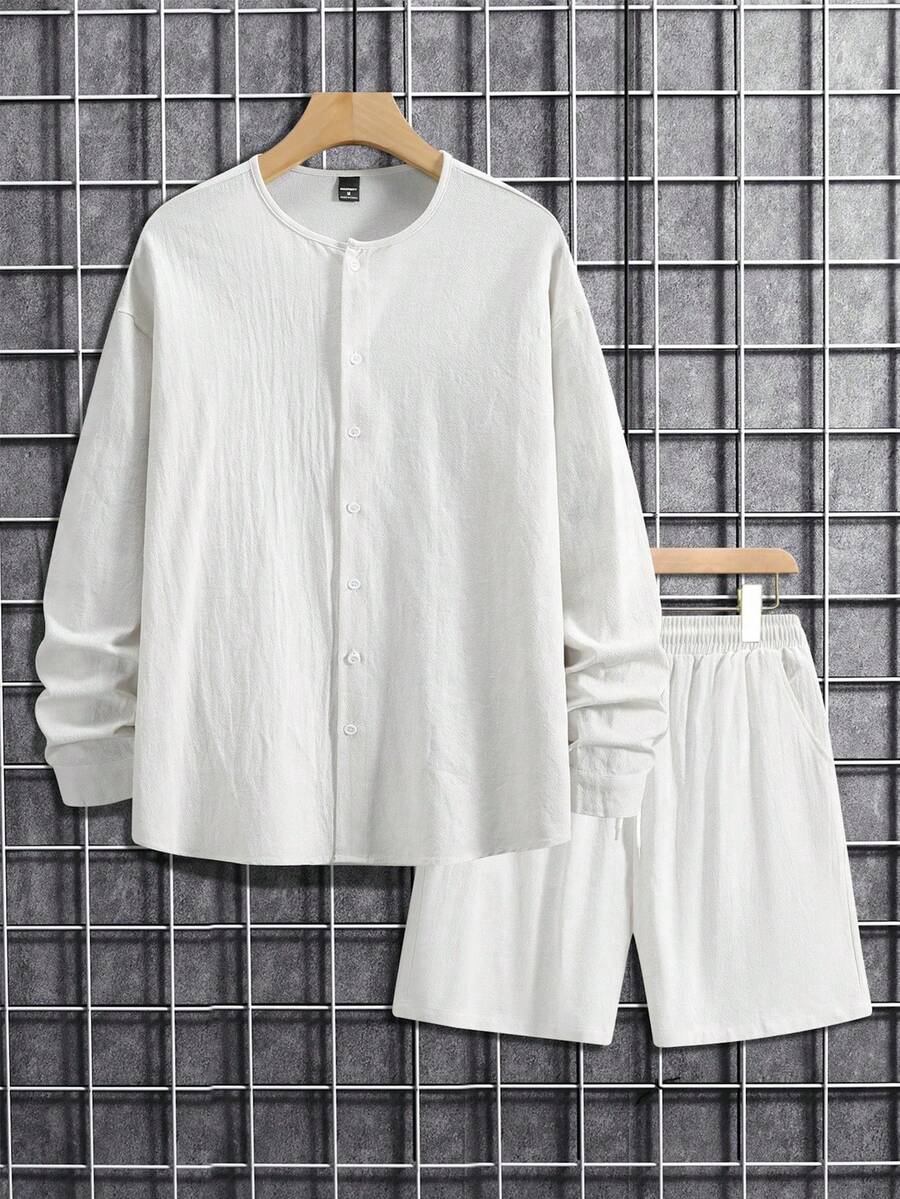 Men's Solid Color Single Breasted Shirt And Shorts With Pockets Two Piece Casual Outfit Summer Vacation Daily Wear Clothing For Men