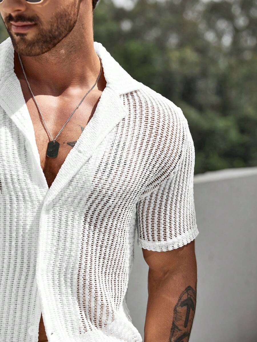 Men's Hollow Out Short Sleeve Shirt And Drawstring Shorts Two Piece Casual Outfit Lightweight Summer Vacation Beachwear Clothing
