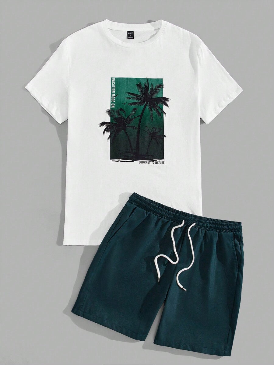 Men's Tropical Print Short Sleeve T Shirt And Drawstring Shorts Two Piece Casual Summer Outfit Lightweight Vacation Beachwear Set