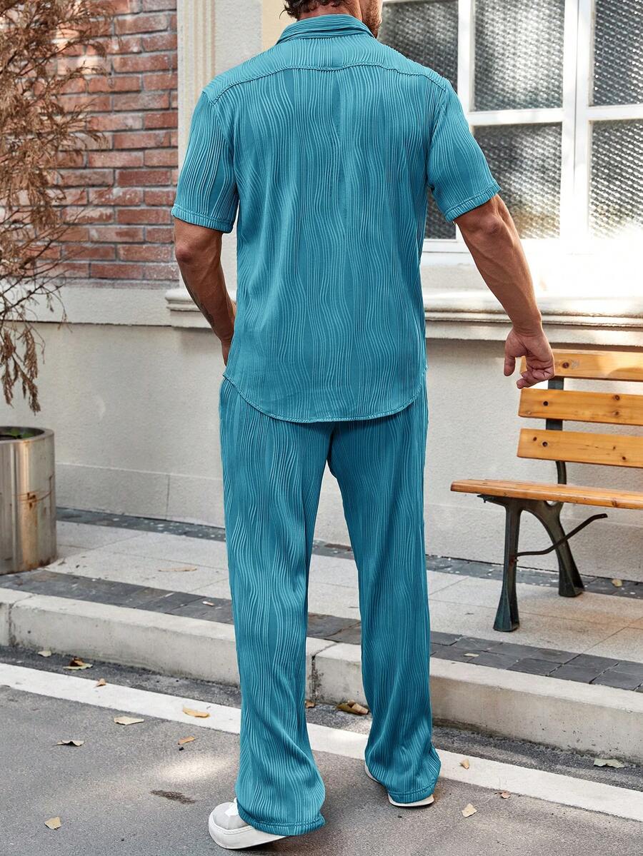 Men's Solid Button Up Short Sleeve Shirt With Drawstring Pants Two Piece Casual Outfit Comfortable Summer Daily Wear Clothing
