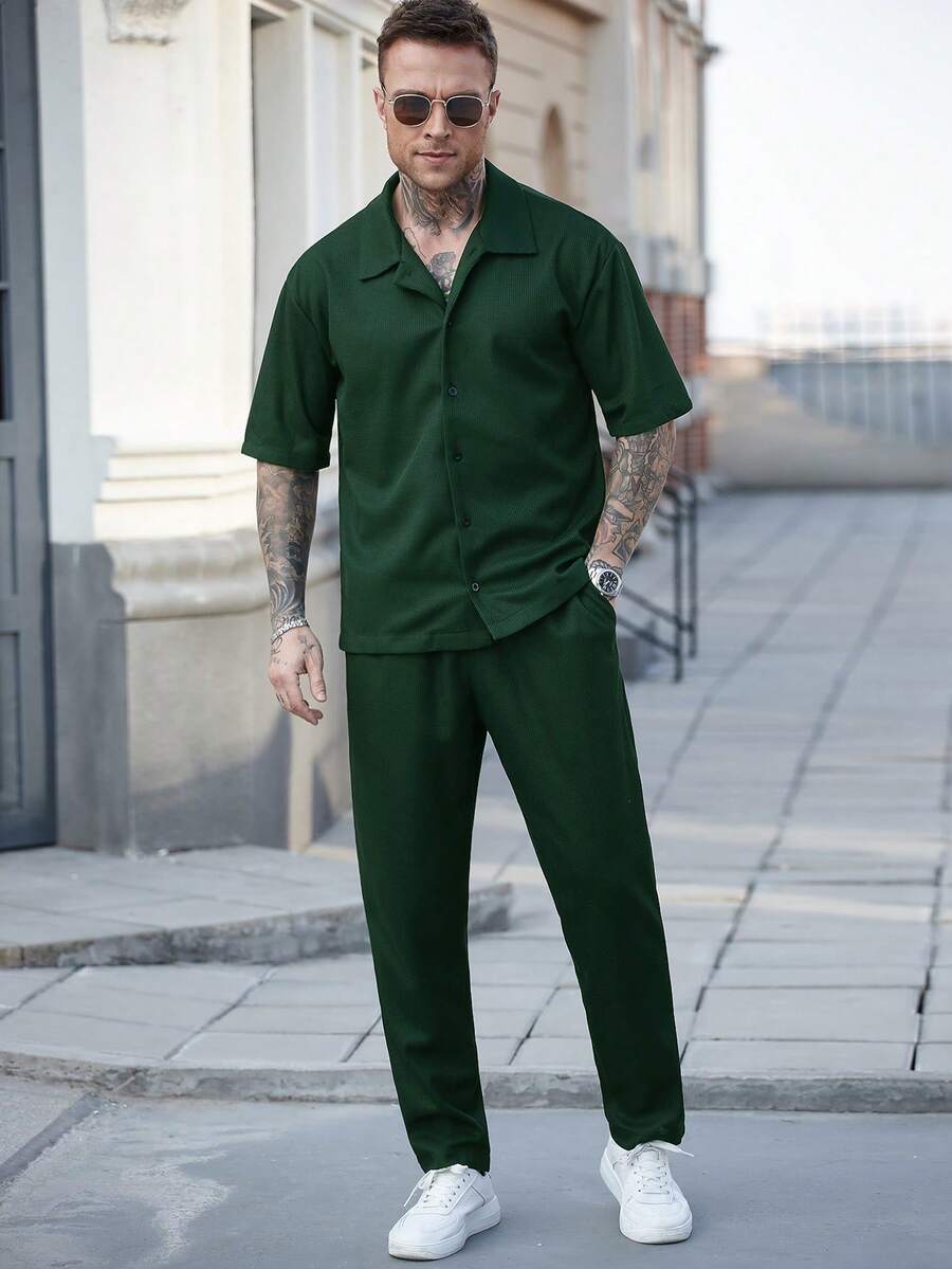 Men's Waffle Knit Jacquard Shirt And Pants Set Two Piece Casual Summer Outfit Beach Vacation Style Matching Couple Gift For Men