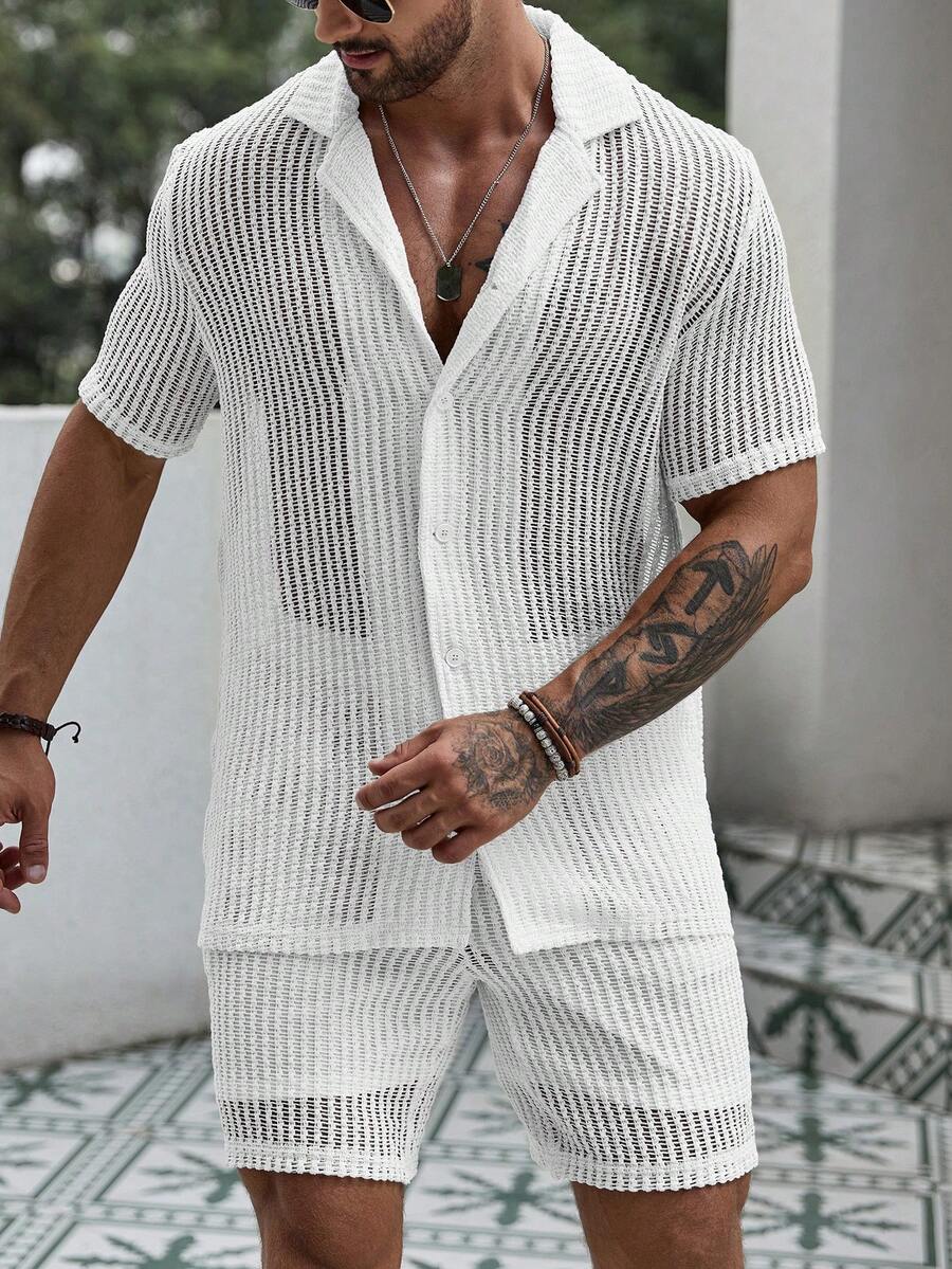 Men's Hollow Out Short Sleeve Shirt And Drawstring Shorts Two Piece Casual Outfit Lightweight Summer Vacation Beachwear Clothing