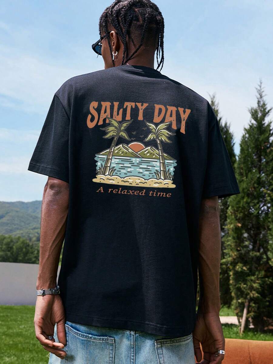 Men's Palm Tree Slogan Print Round Neck Casual Short Sleeve T Shirt Vacation Style Comfortable Cotton Graphic Summer Tee For Men