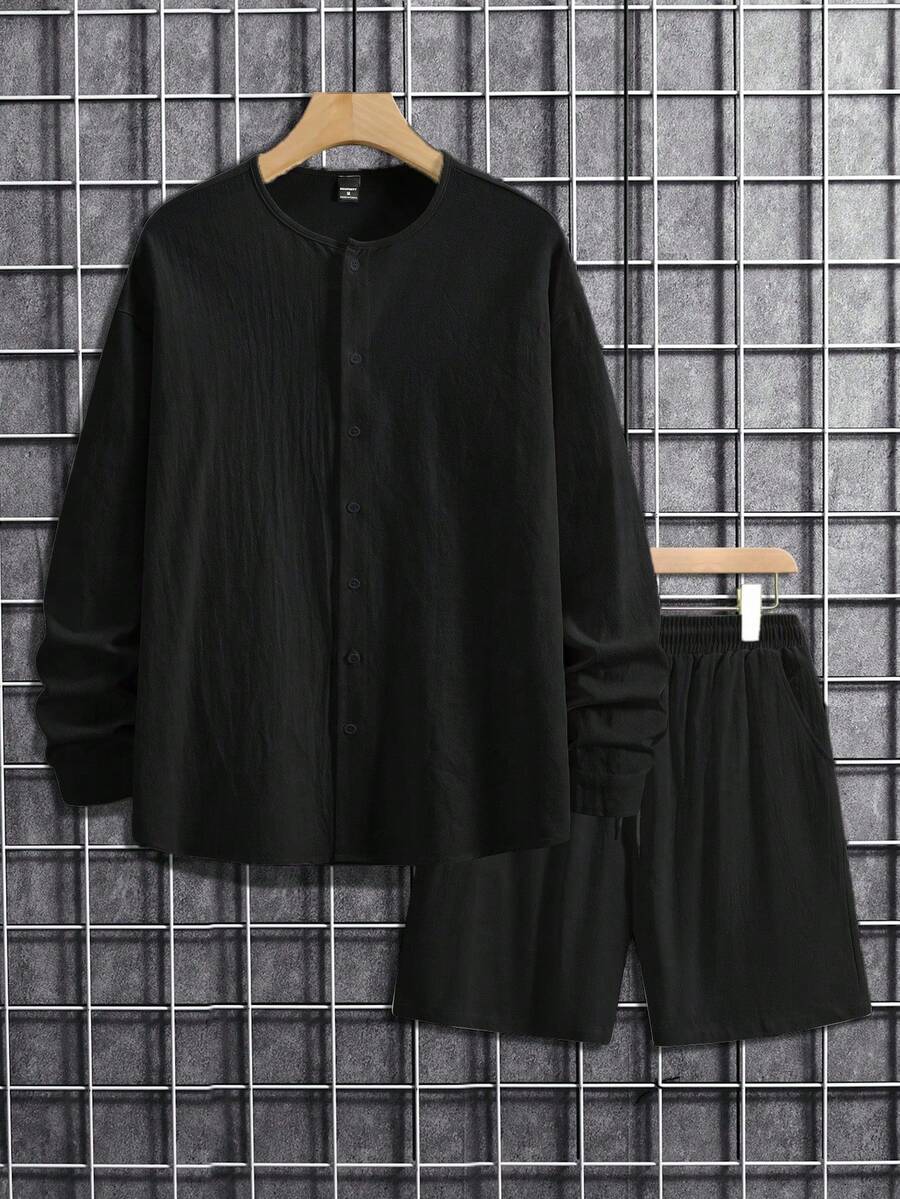 Men's Solid Color Single Breasted Shirt And Shorts With Pockets Two Piece Casual Outfit Summer Vacation Daily Wear Clothing For Men