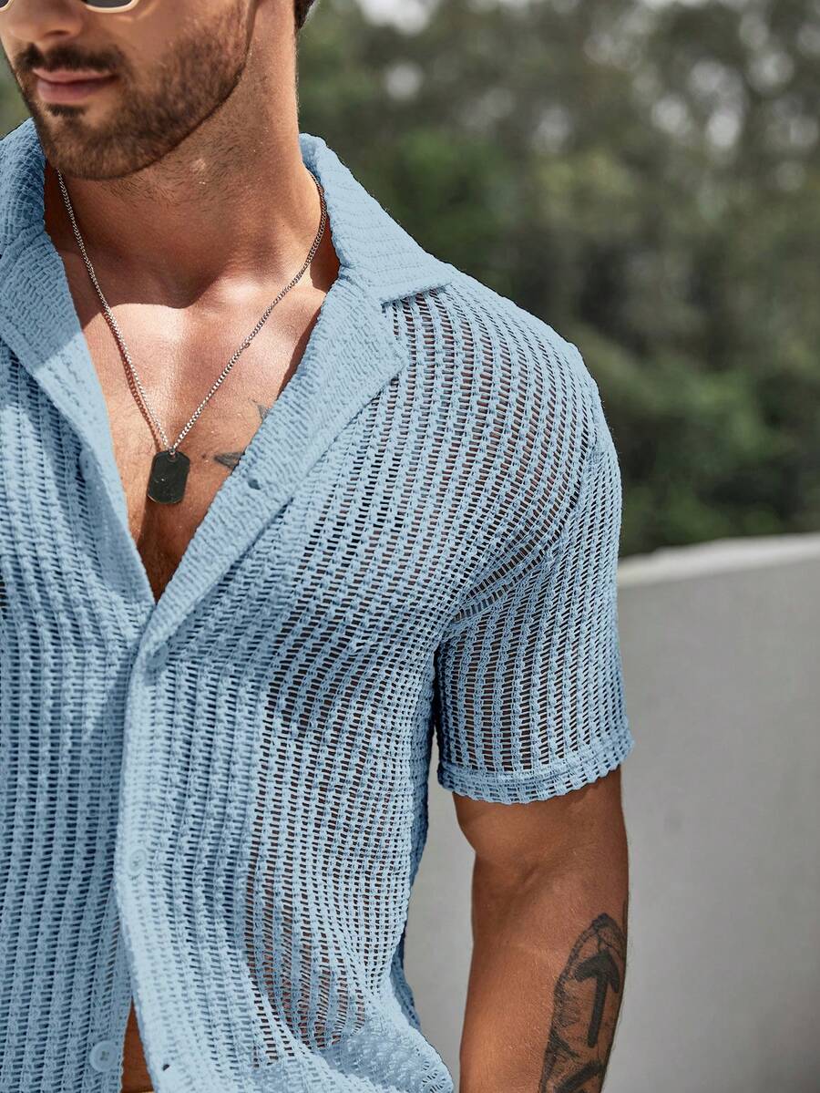 Men's Hollow Out Short Sleeve Shirt And Drawstring Shorts Two Piece Casual Outfit Lightweight Summer Vacation Beachwear Clothing