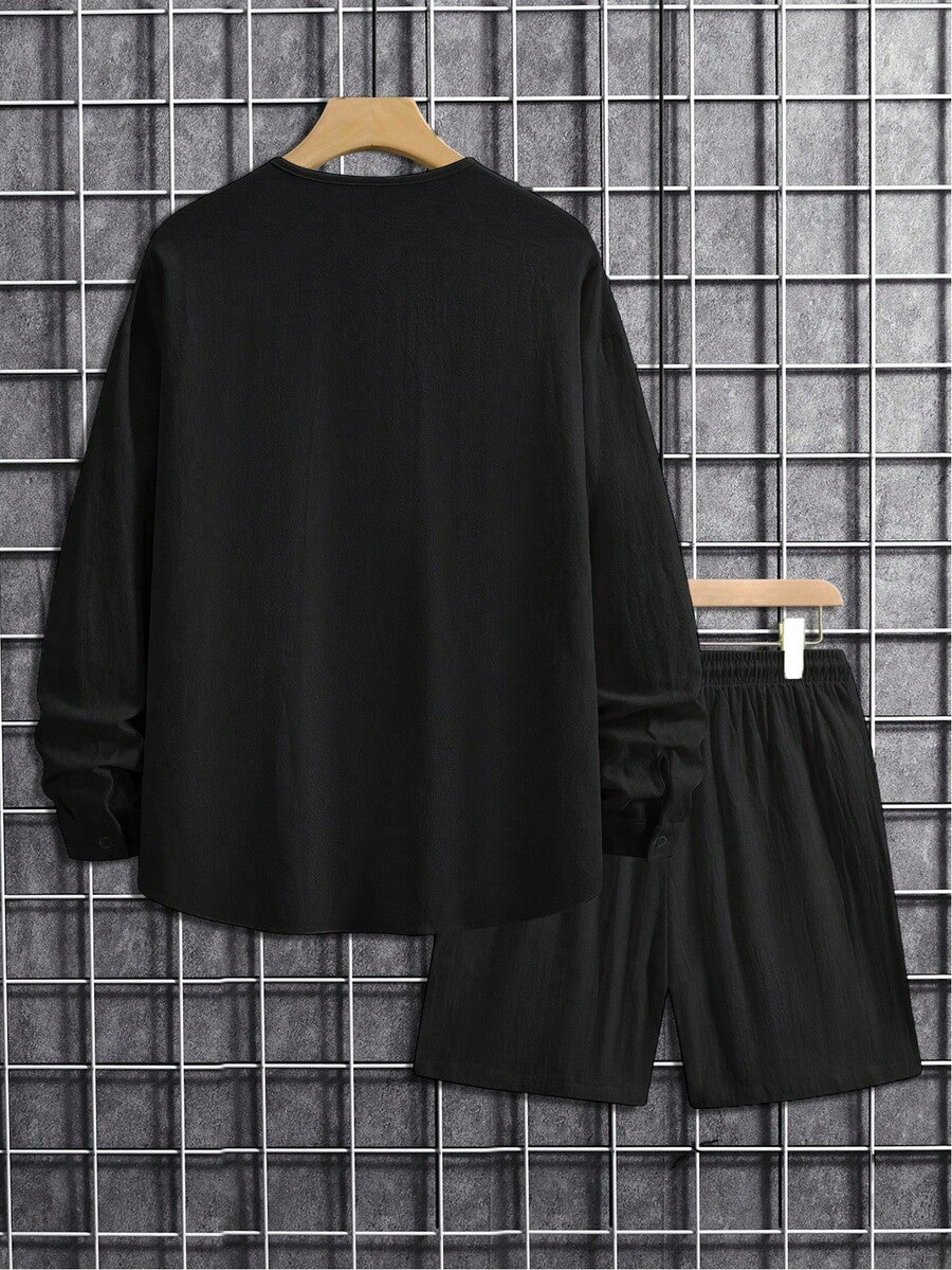 Men's Solid Color Single Breasted Shirt And Shorts With Pockets Two Piece Casual Outfit Summer Vacation Daily Wear Clothing For Men