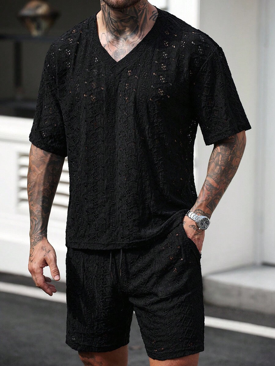Men's Knitted Textured V Neck White T Shirt And Shorts Two Piece Set Summer Outfit Crochet Pattern Casual Comfortable Daily Clothing
