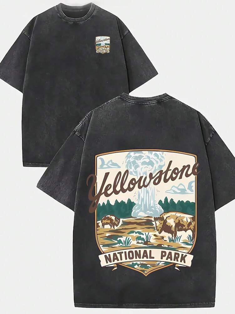 Men's Yellowstone National Park Graphic Print Washed Cotton Casual T Shirt Short Sleeve Double Sided Comfortable Summer Top Outfit