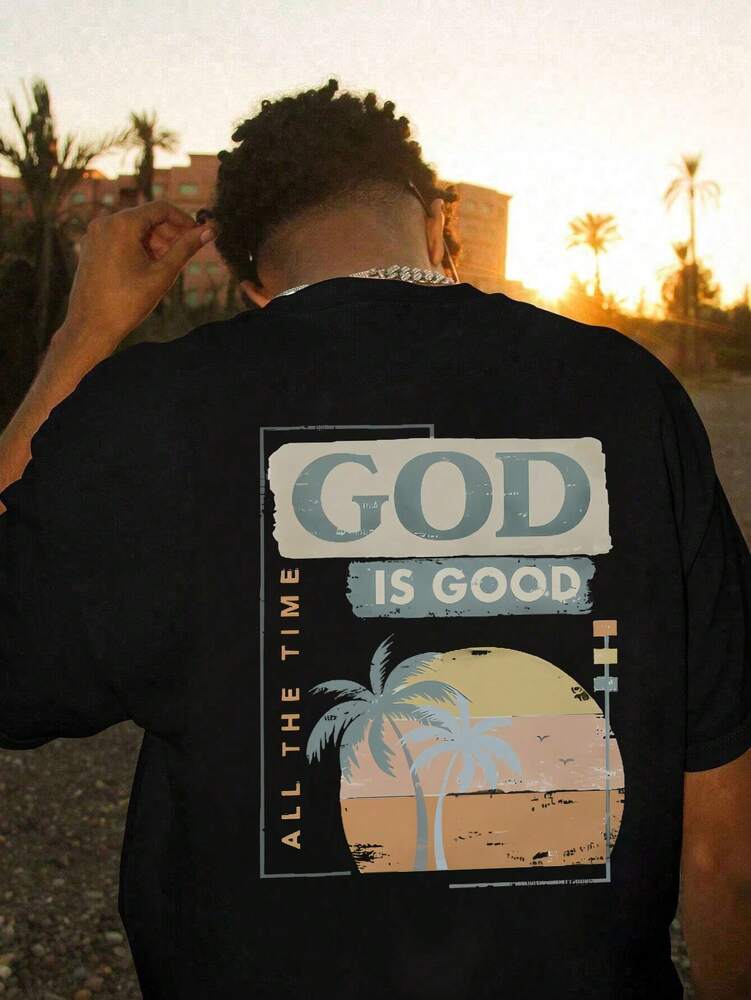 Men's Slogan Palm Tree Print Round Neck Casual Short Sleeve T Shirt Comfortable Summer Vacation Cotton Graphic Tee Fashion Top