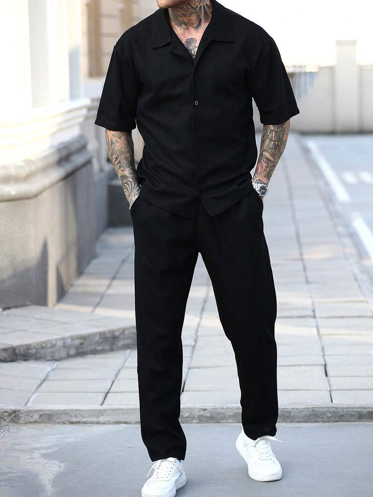 Men's Waffle Knit Jacquard Shirt And Pants Set Two Piece Casual Summer Outfit Beach Vacation Style Matching Couple Gift For Men