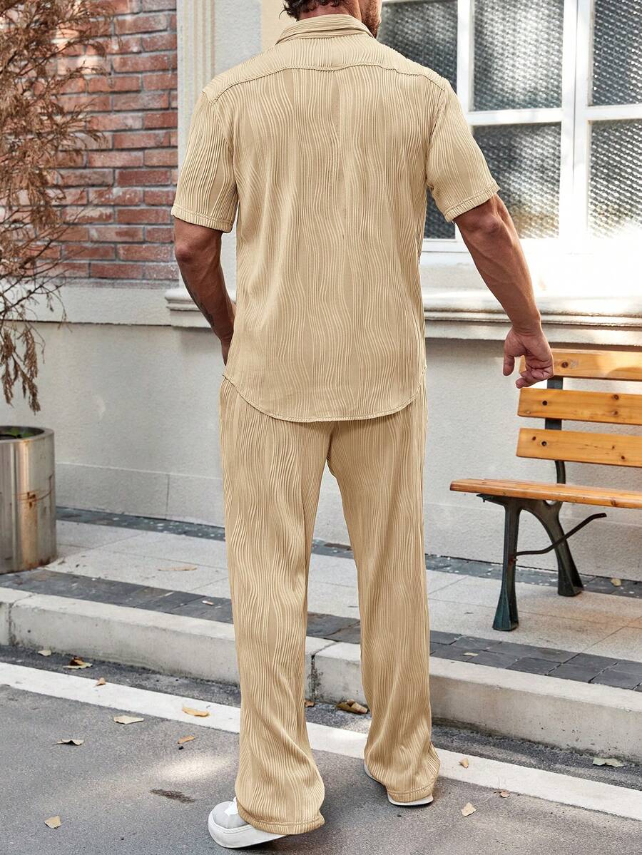 Men's Solid Button Up Short Sleeve Shirt With Drawstring Pants Two Piece Casual Outfit Comfortable Summer Daily Wear Clothing