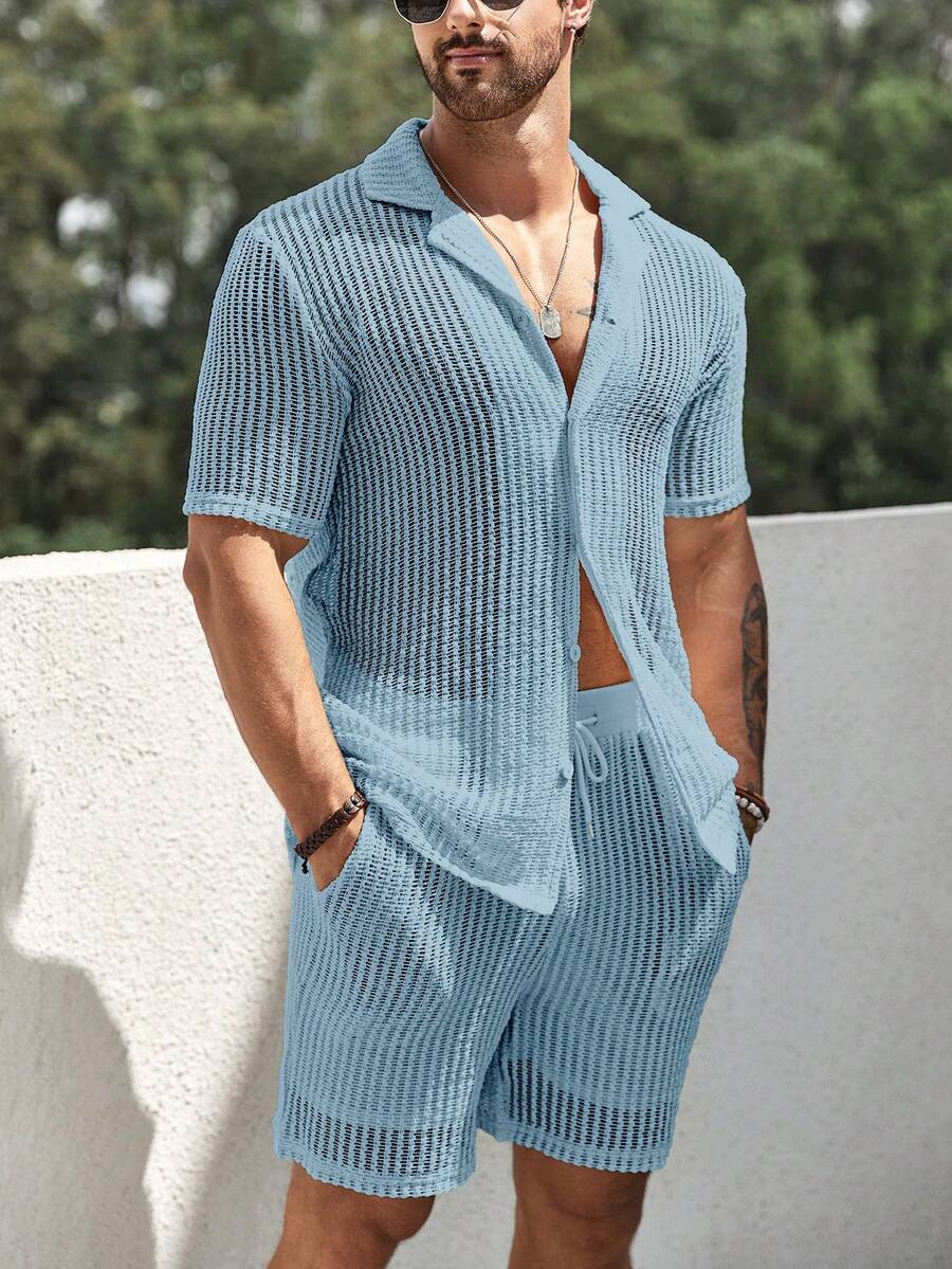 Men's Hollow Out Short Sleeve Shirt And Drawstring Shorts Two Piece Casual Outfit Lightweight Summer Vacation Beachwear Clothing