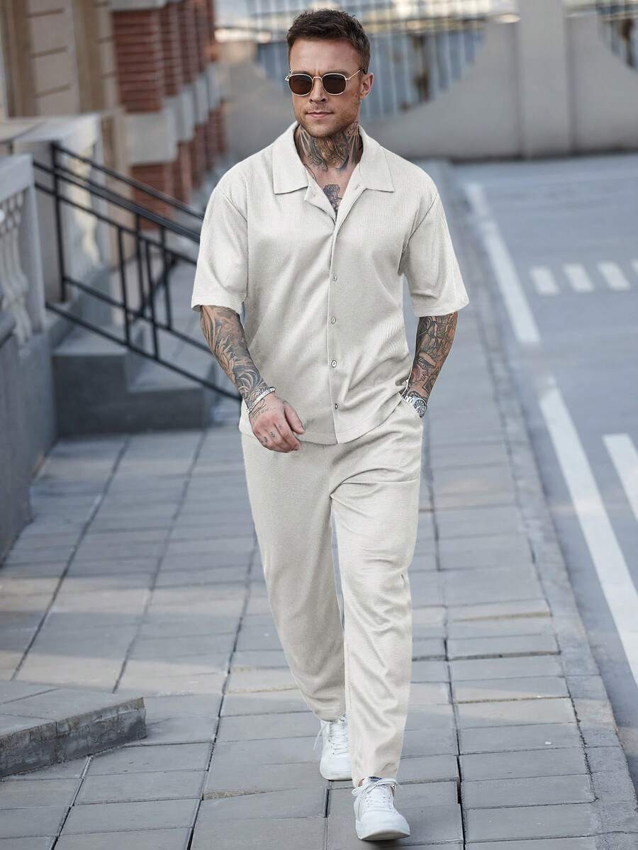 Men's Waffle Knit Jacquard Shirt And Pants Set Two Piece Casual Summer Outfit Beach Vacation Style Matching Couple Gift For Men