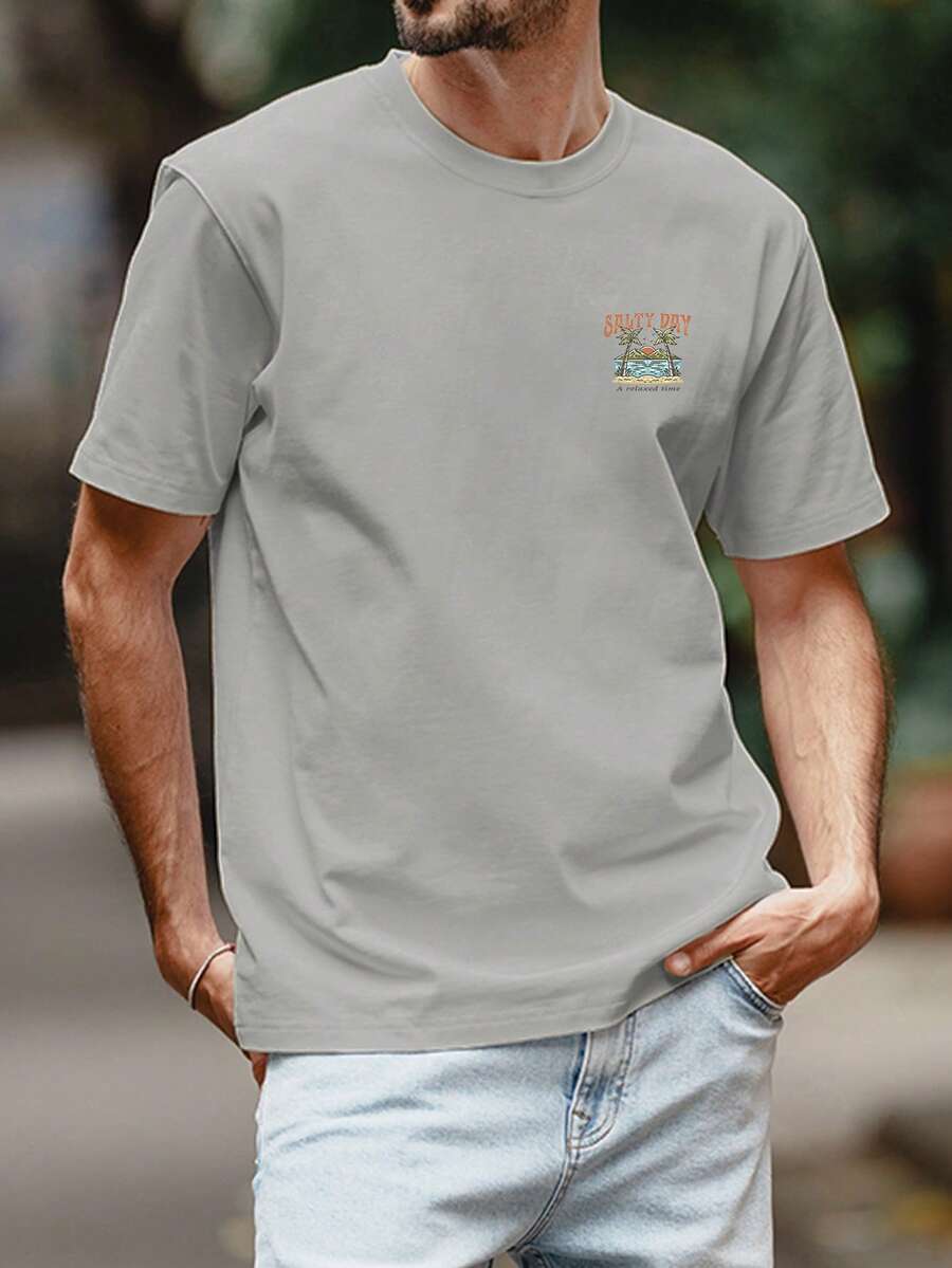 Men's Palm Tree Slogan Print Round Neck Casual Short Sleeve T Shirt Vacation Style Comfortable Cotton Graphic Summer Tee For Men