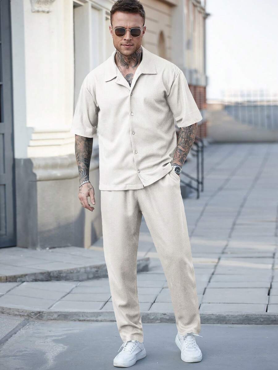 Men's Waffle Knit Jacquard Shirt And Pants Set Two Piece Casual Summer Outfit Beach Vacation Style Matching Couple Gift For Men