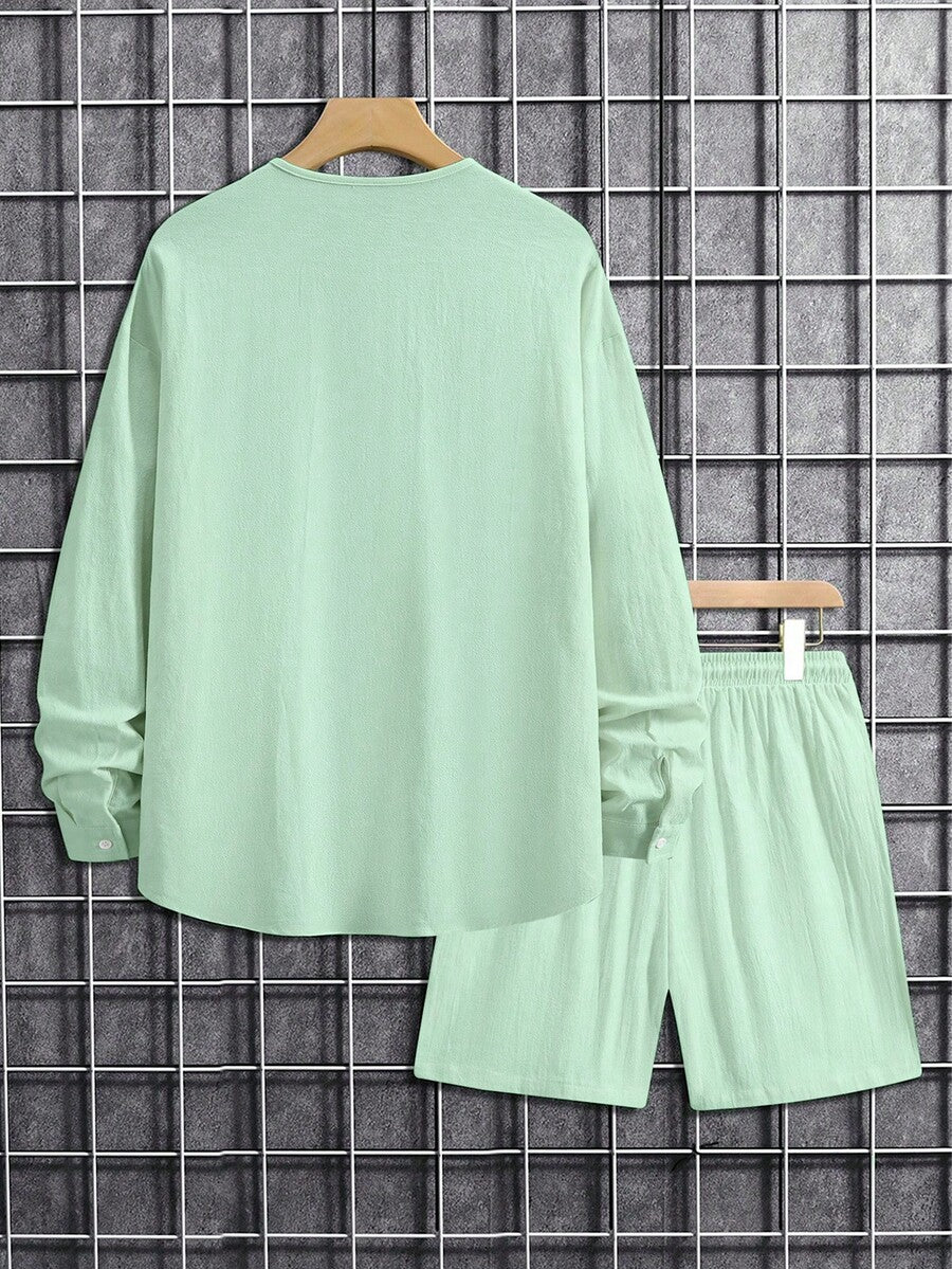 Men's Solid Color Single Breasted Shirt And Shorts With Pockets Two Piece Casual Outfit Summer Vacation Daily Wear Clothing For Men