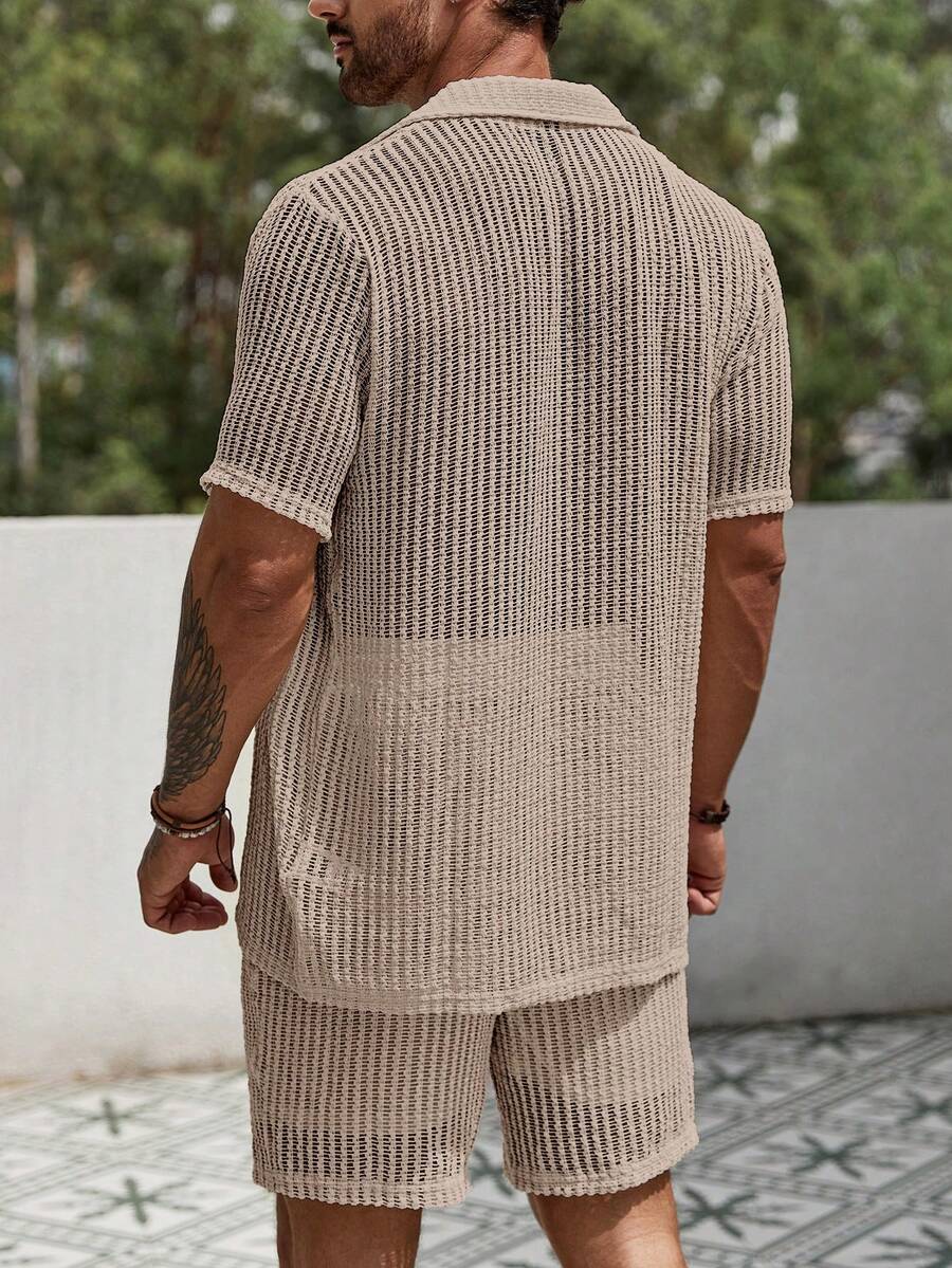 Men's Hollow Out Short Sleeve Shirt And Drawstring Shorts Two Piece Casual Outfit Lightweight Summer Vacation Beachwear Clothing