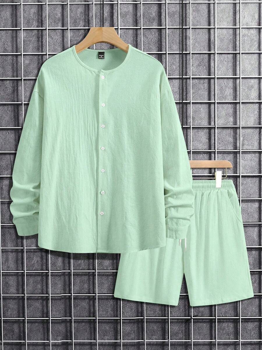 Men's Solid Color Single Breasted Shirt And Shorts With Pockets Two Piece Casual Outfit Summer Vacation Daily Wear Clothing For Men
