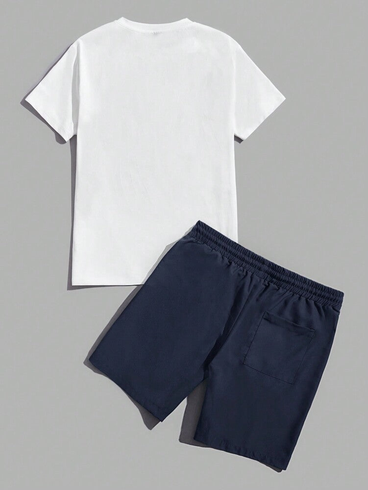 Men's Letter Patch Detail T Shirt And Drawstring Shorts Two Piece Casual Outfit Comfortable Summer Vacation Style Daily Wear Clothing