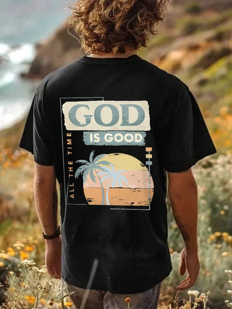 Men's Slogan Palm Tree Print Round Neck Casual Short Sleeve T Shirt Comfortable Summer Vacation Cotton Graphic Tee Fashion Top