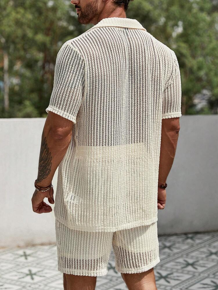 Men's Hollow Out Short Sleeve Shirt And Drawstring Shorts Two Piece Casual Outfit Lightweight Summer Vacation Beachwear Clothing