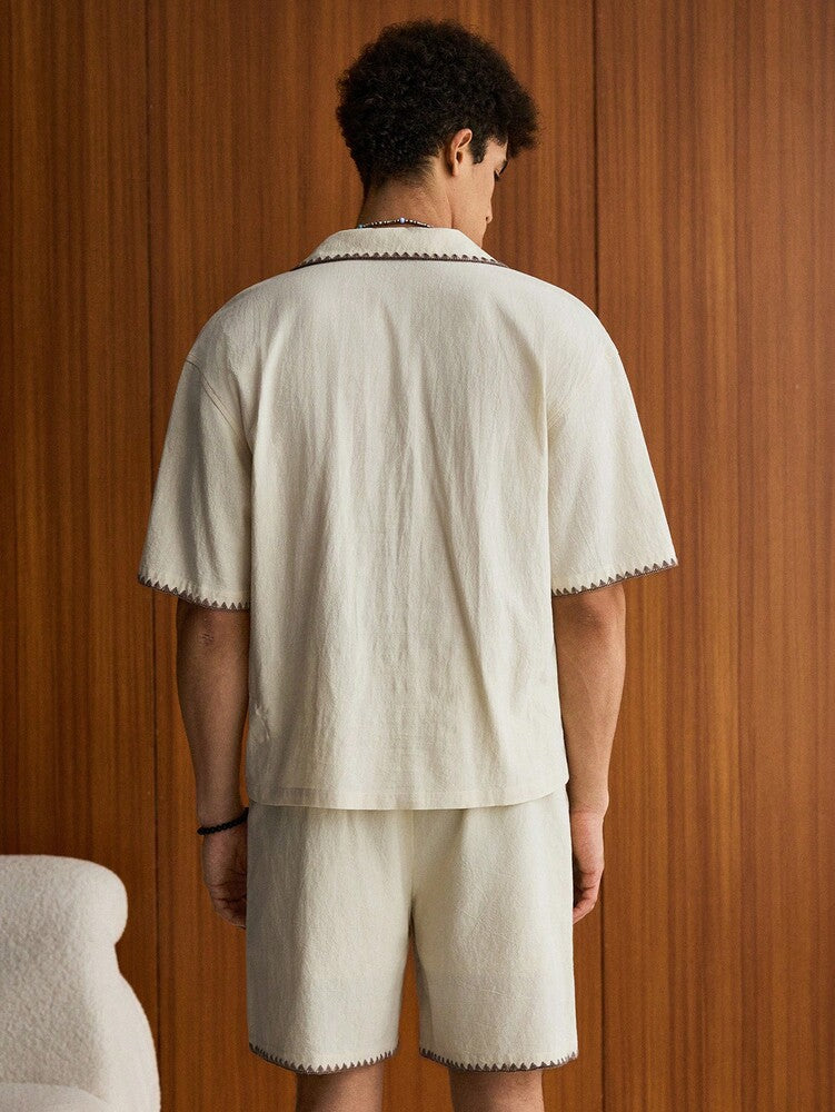 Men's Loose Fit Woven Short Sleeve Shirt And Drawstring Straight Leg Shorts Two Piece Casual Outfit Summer Vacation Daily Wear Set