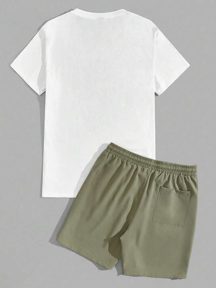 Men's Tropical Print Short Sleeve T Shirt And Drawstring Shorts Two Piece Casual Summer Outfit Lightweight Vacation Beachwear Set