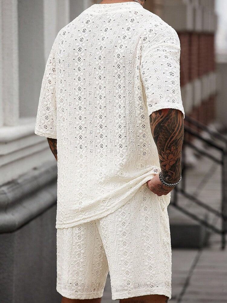 Men's Knitted Textured V Neck White T Shirt And Shorts Two Piece Set Summer Outfit Crochet Pattern Casual Comfortable Daily Clothing
