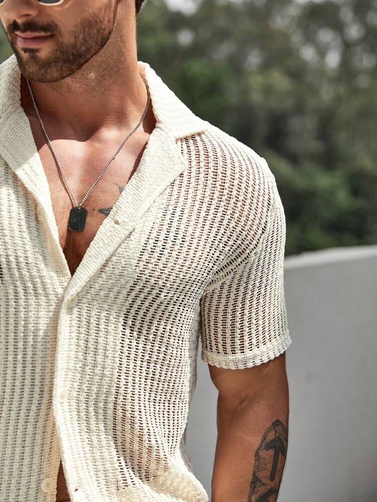 Men's Hollow Out Short Sleeve Shirt And Drawstring Shorts Two Piece Casual Outfit Lightweight Summer Vacation Beachwear Clothing