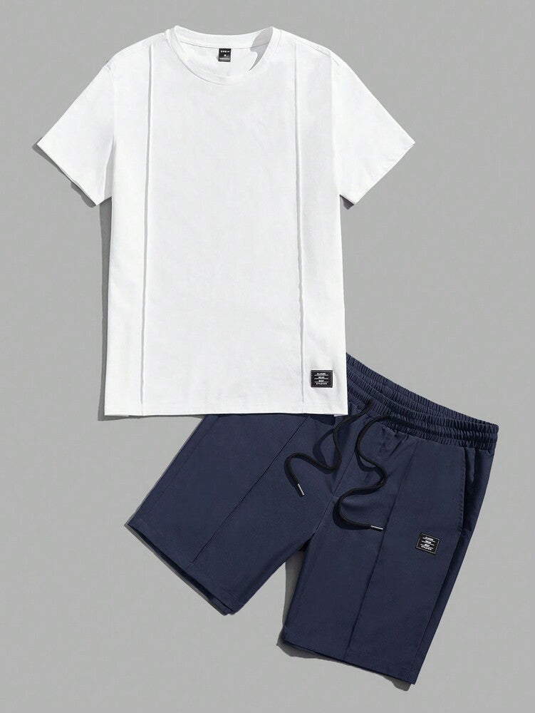 Men's Letter Patch Detail T Shirt And Drawstring Shorts Two Piece Casual Outfit Comfortable Summer Vacation Style Daily Wear Clothing