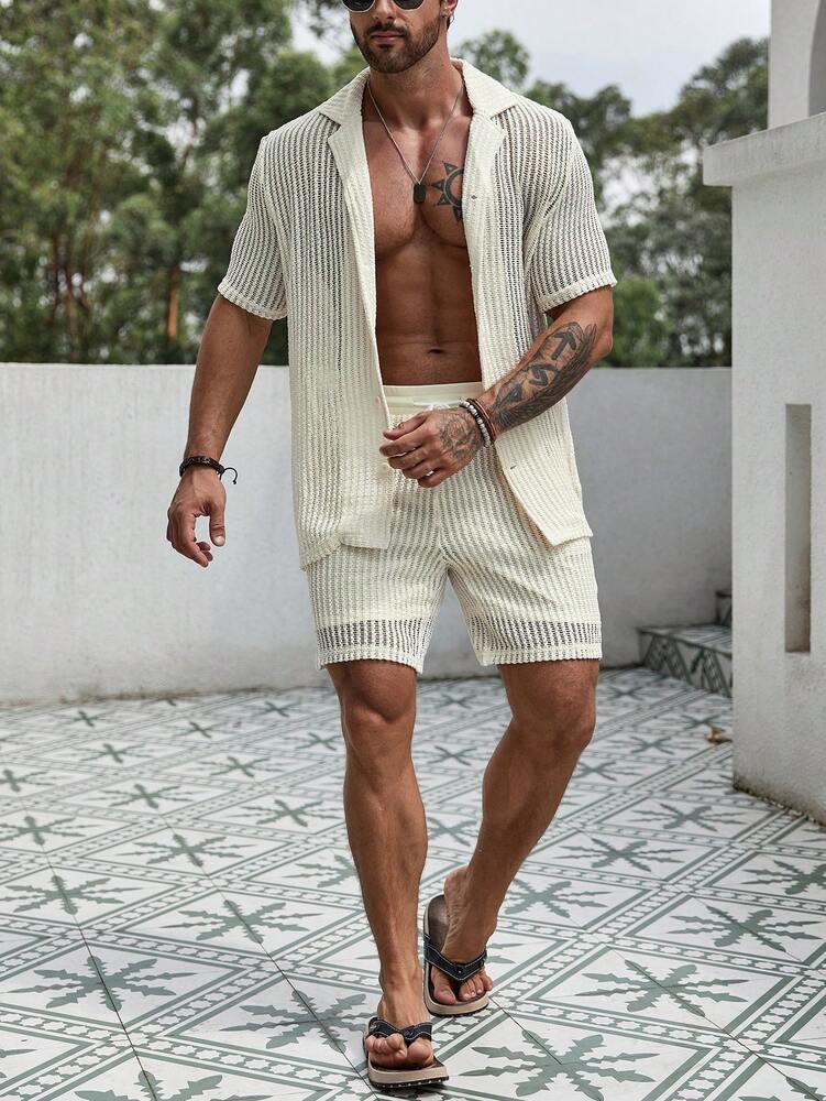 Men's Hollow Out Short Sleeve Shirt And Drawstring Shorts Two Piece Casual Outfit Lightweight Summer Vacation Beachwear Clothing