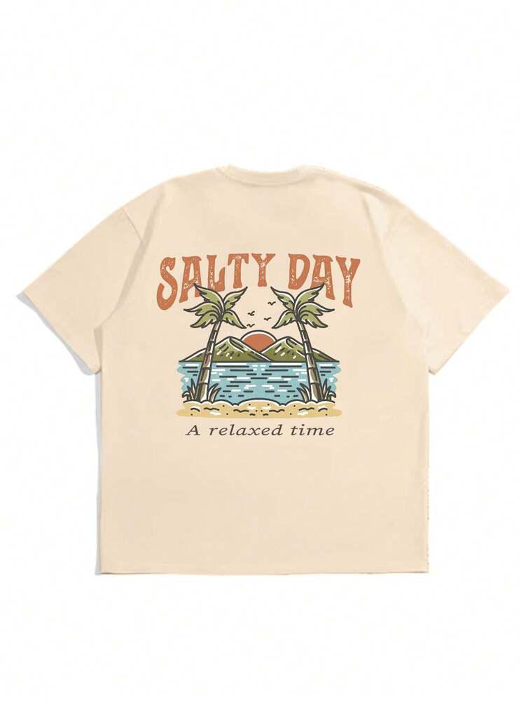Men's Palm Tree Slogan Print Round Neck Casual Short Sleeve T Shirt Vacation Style Comfortable Cotton Graphic Summer Tee For Men