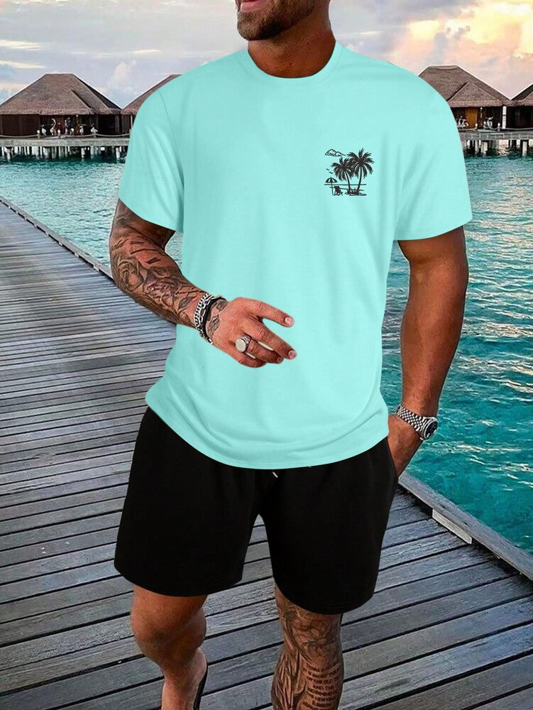 Men's Tropical Print Short Sleeve T Shirt Vacation Style Casual Beach Graphic Tee Lightweight Comfortable Summer Outfit For Men