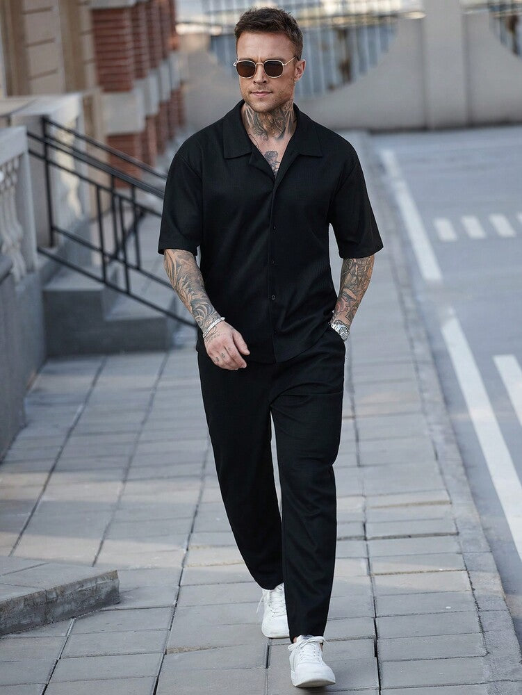 Men's Waffle Knit Jacquard Shirt And Pants Set Two Piece Casual Summer Outfit Beach Vacation Style Matching Couple Gift For Men