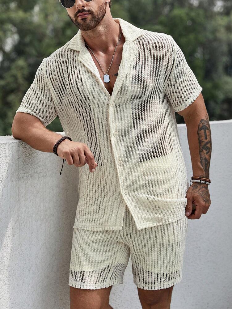 Men's Hollow Out Short Sleeve Shirt And Drawstring Shorts Two Piece Casual Outfit Lightweight Summer Vacation Beachwear Clothing