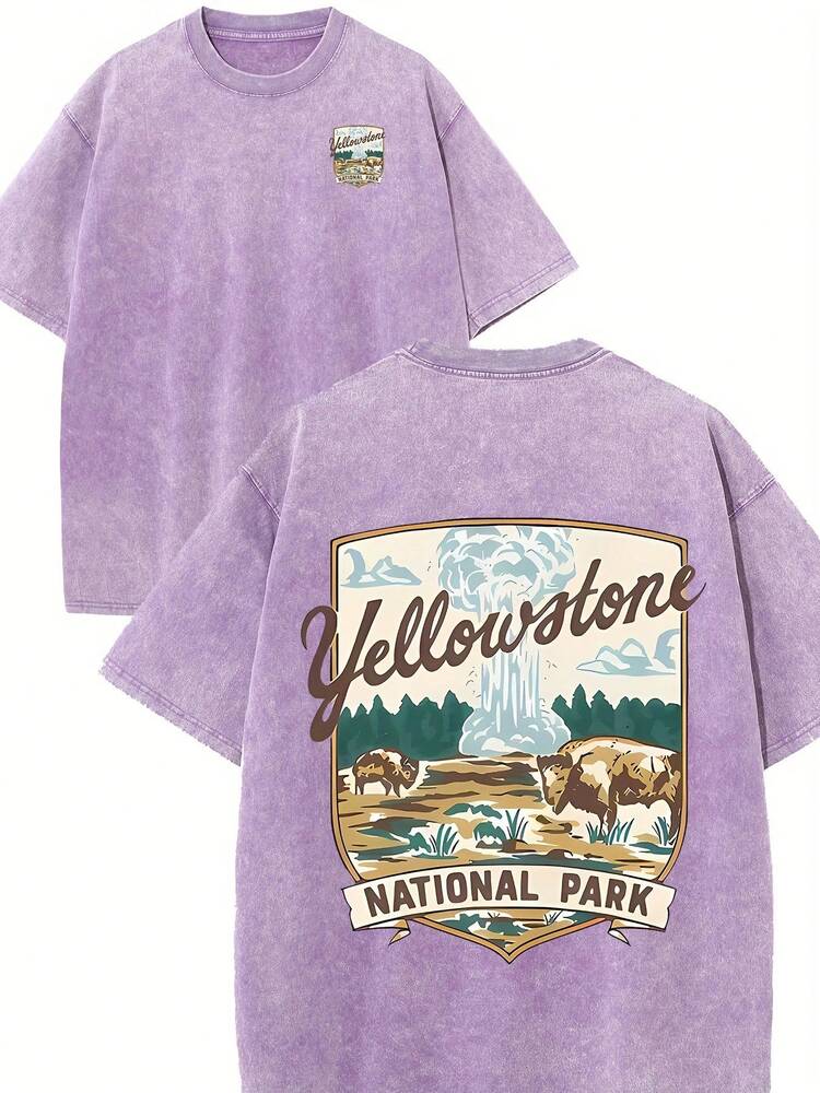 Men's Yellowstone National Park Graphic Print Washed Cotton Casual T Shirt Short Sleeve Double Sided Comfortable Summer Top Outfit
