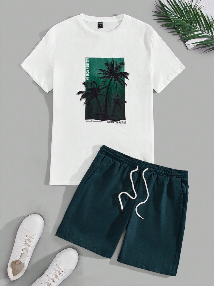 Men's Tropical Print Short Sleeve T Shirt And Drawstring Shorts Two Piece Casual Summer Outfit Lightweight Vacation Beachwear Set