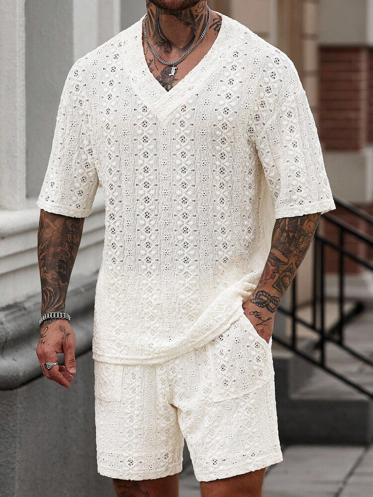Men's Knitted Textured V Neck White T Shirt And Shorts Two Piece Set Summer Outfit Crochet Pattern Casual Comfortable Daily Clothing