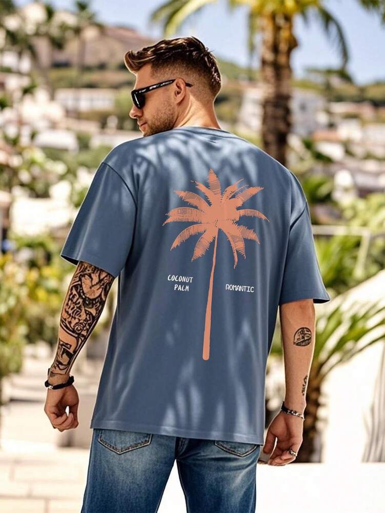 2pcs Men's Loose Fit Short Sleeve T Shirts With Letter And Palm Tree Print Summer Vacation Style Casual Cotton Graphic Tees Outfit