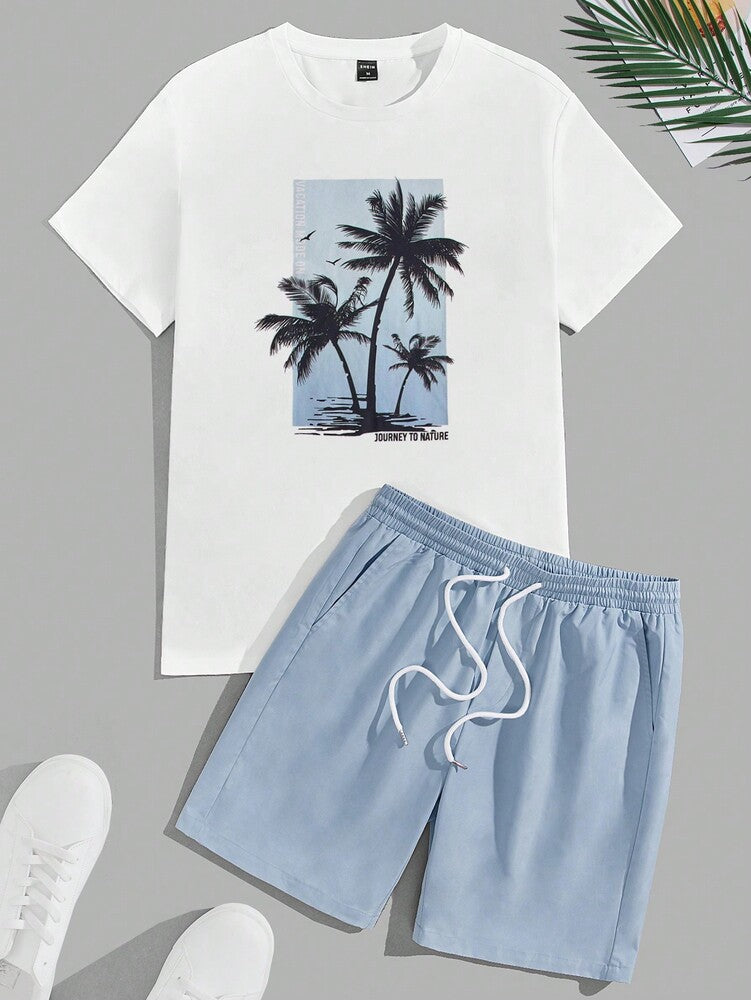 Men's Tropical Print Short Sleeve T Shirt And Drawstring Shorts Two Piece Casual Summer Outfit Lightweight Vacation Beachwear Set