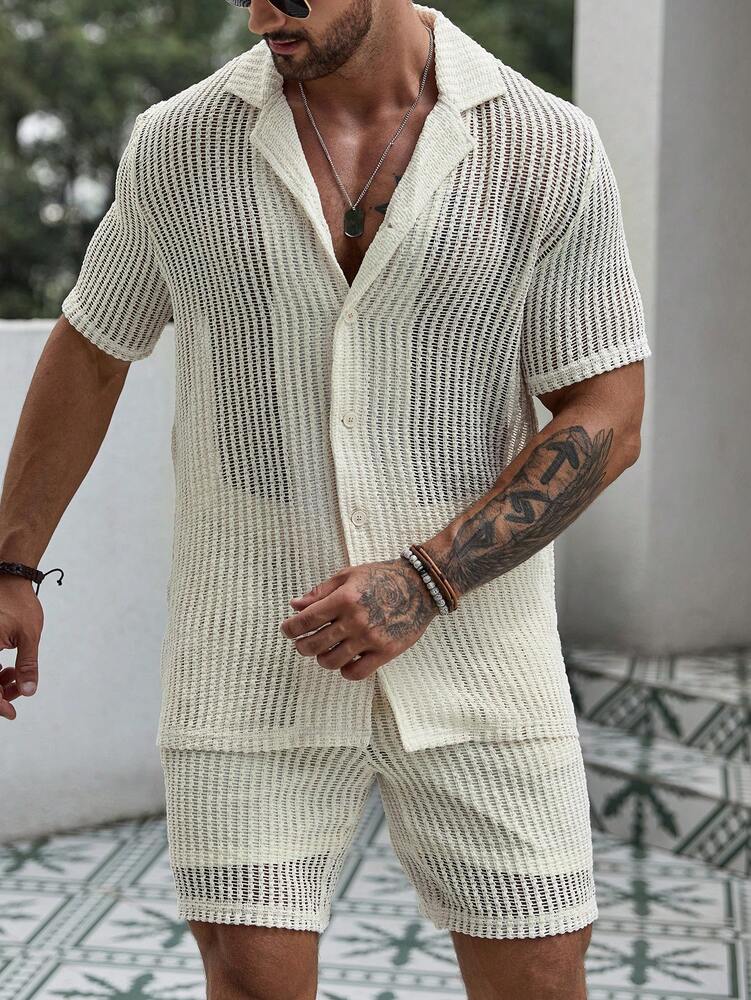 Men's Hollow Out Short Sleeve Shirt And Drawstring Shorts Two Piece Casual Outfit Lightweight Summer Vacation Beachwear Clothing