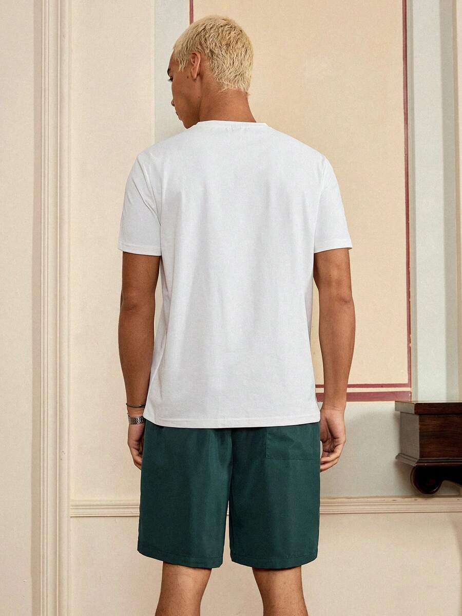 Men's Letter Patch Detail T Shirt And Drawstring Shorts Two Piece Casual Outfit Comfortable Summer Vacation Style Daily Wear Clothing
