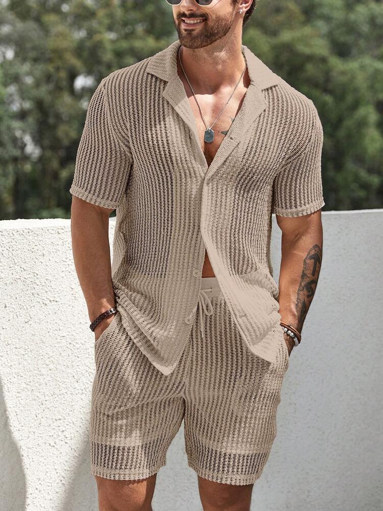 Men's Hollow Out Short Sleeve Shirt And Drawstring Shorts Two Piece Casual Outfit Lightweight Summer Vacation Beachwear Clothing