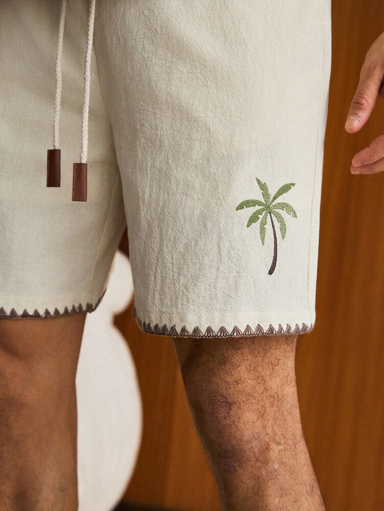 Men's Loose Fit Woven Short Sleeve Shirt And Drawstring Straight Leg Shorts Two Piece Casual Outfit Summer Vacation Daily Wear Set